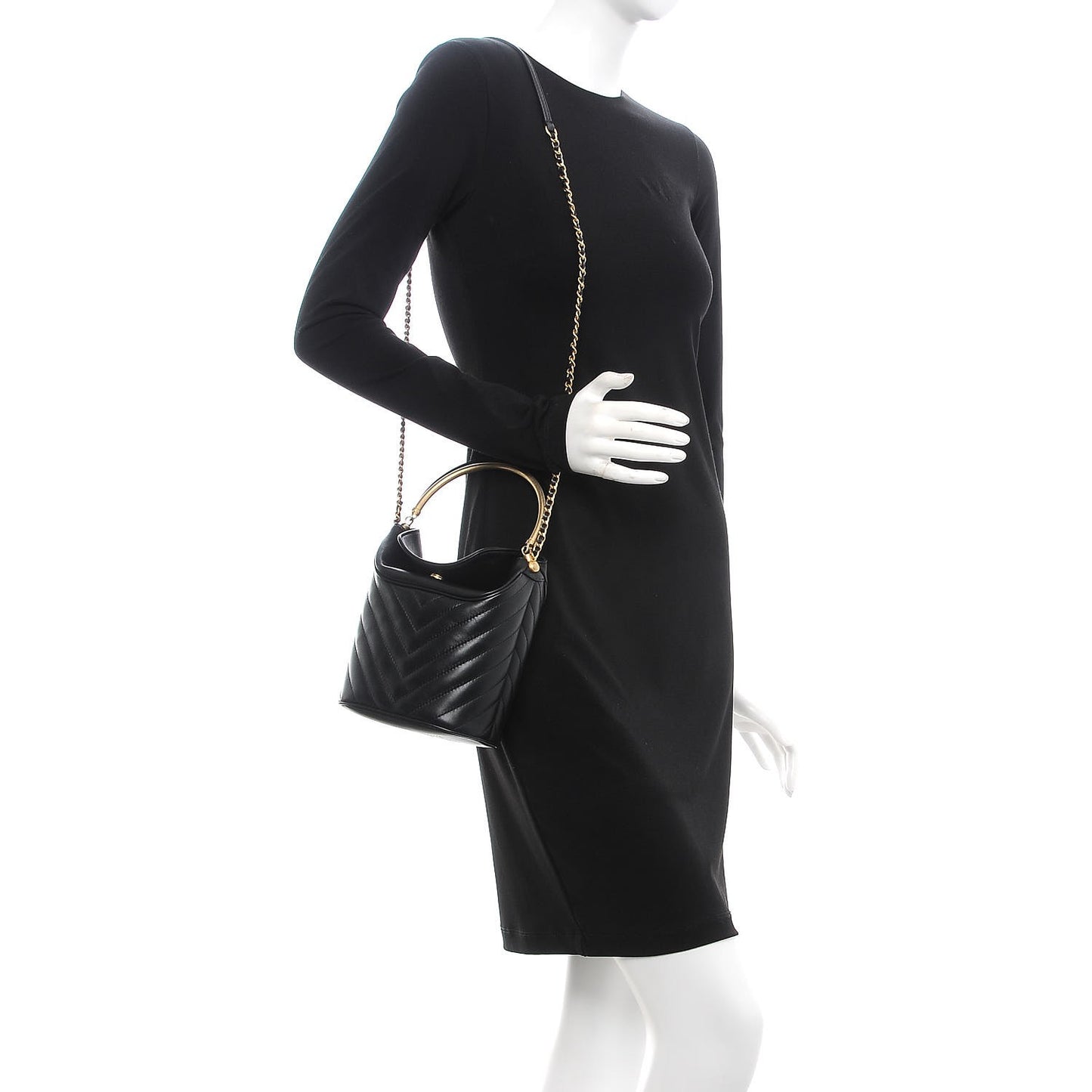 Lambskin Chevron Quilted Handle With Chic Bucket Bag Black