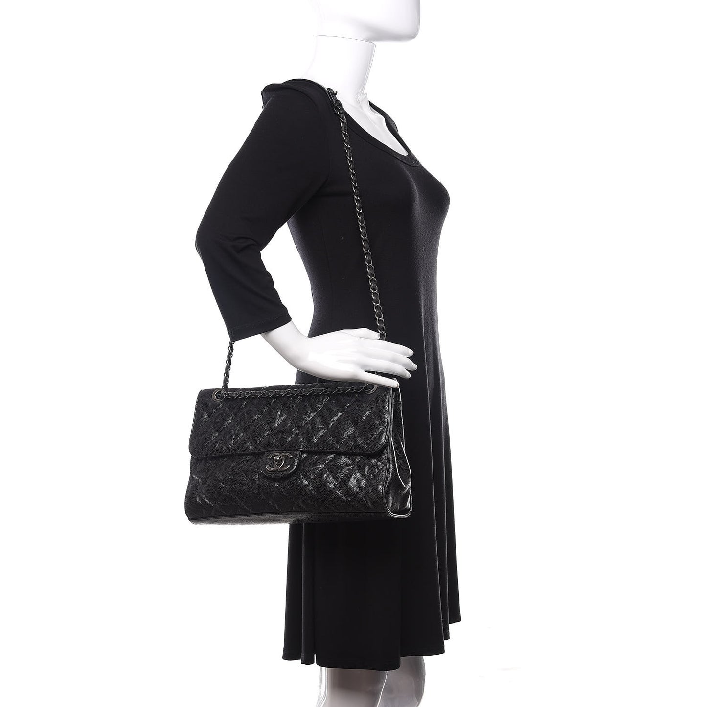 Crumpled Grained Calfskin Jumbo CC Crave Flap Black