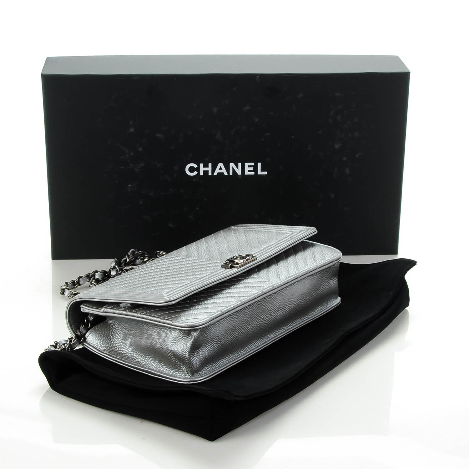 Chanel Caviar Chevron Quilted Boy Wallet On Chain WOC Silver 4 of 8