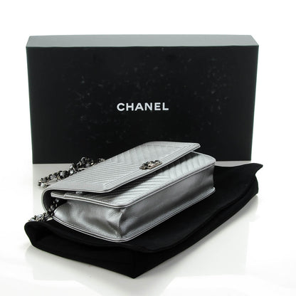 Chanel Caviar Chevron Quilted Boy Wallet On Chain WOC Silver 4 of 8