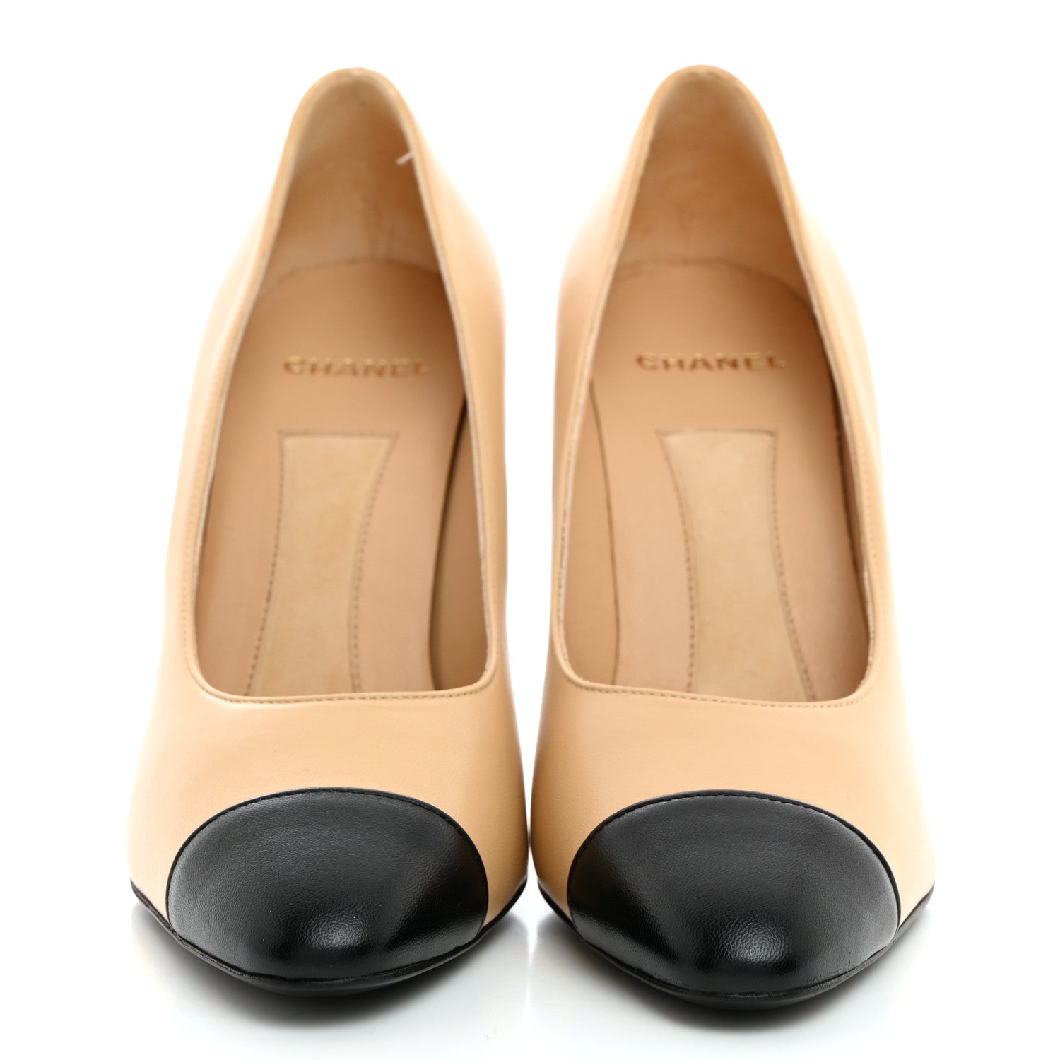 Chanel Lambskin Patent Cap Toe Pearl Pumps 37.5 Beige Black 2 of 9