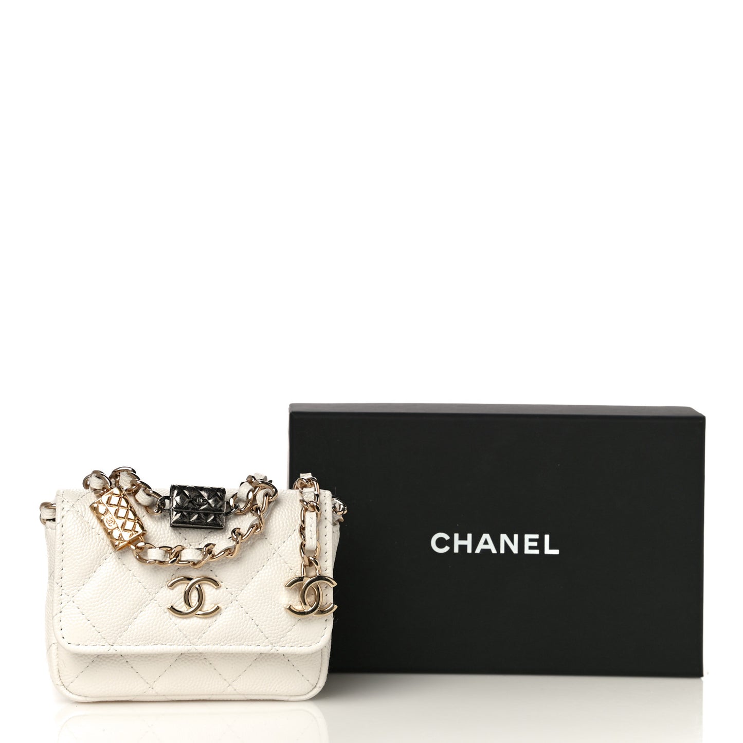 Caviar Quilted Belt Bag With Charms On Chain White