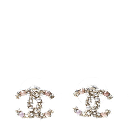 Chanel Pearl Crystal CC Charms Stud Earrings Light Gold Pink 1 of 5