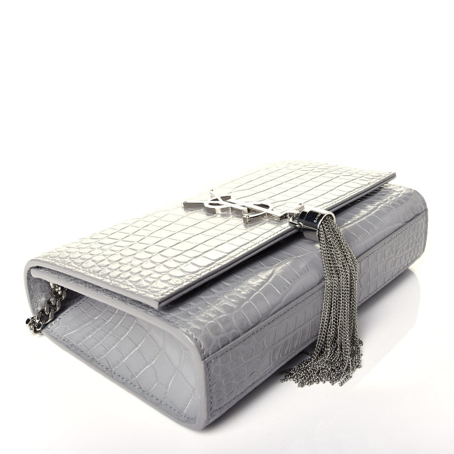 Croc Calfskin Embossed Small Classic Monogram Kate Tassel Satchel Mouse Grey