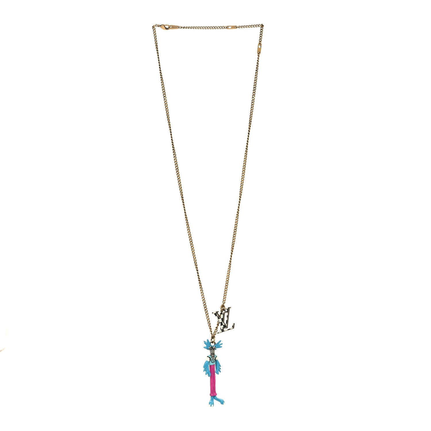 Louis Vuitton Lacquered Metal LV Friends Pendant Necklace Aged Gold Blue Pink 3 of 7