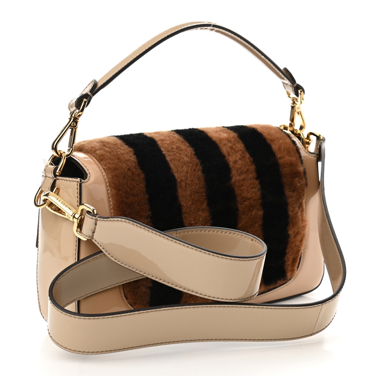 Shearling Vitello Vernice Mou Pequin Striped Baguette Tobacco Black Tortora