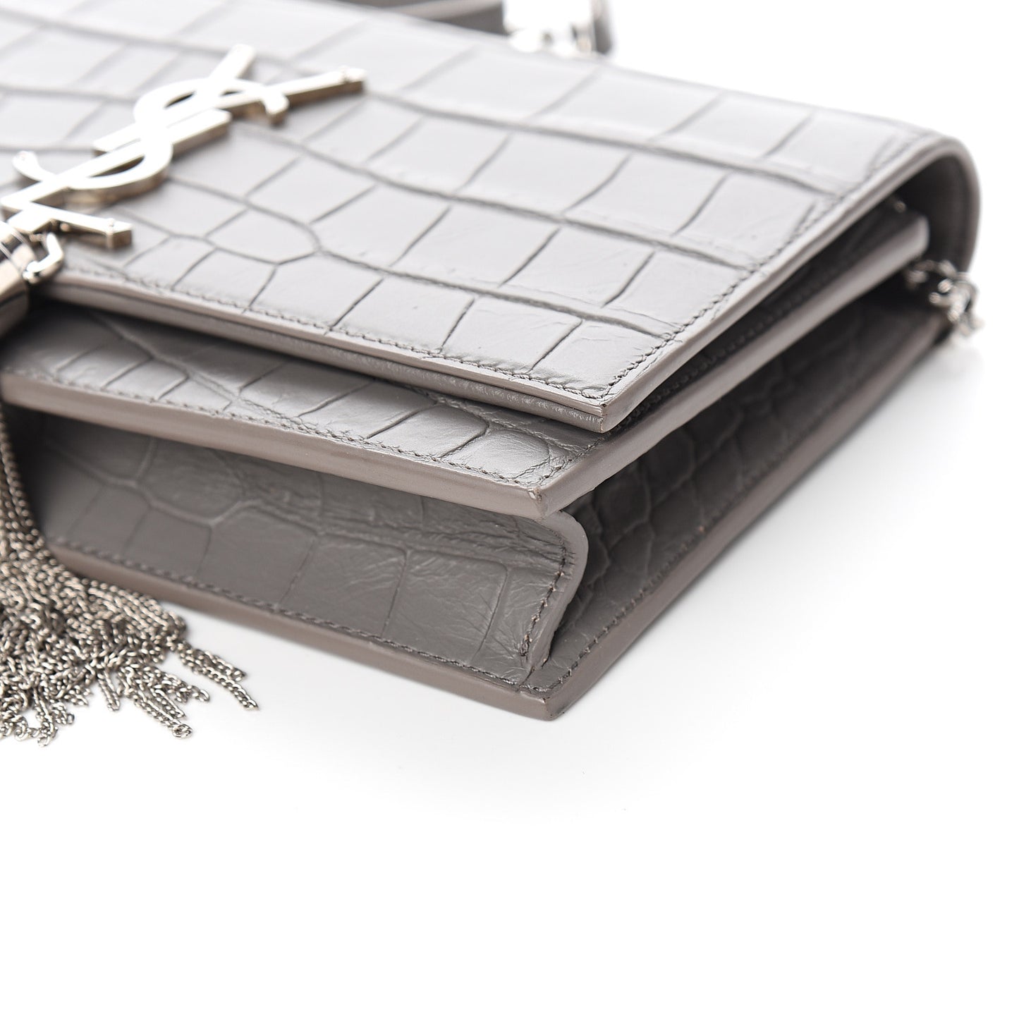 Calfskin Crocodile Embossed Kate Monogram Tassel Chain Wallet Fog
