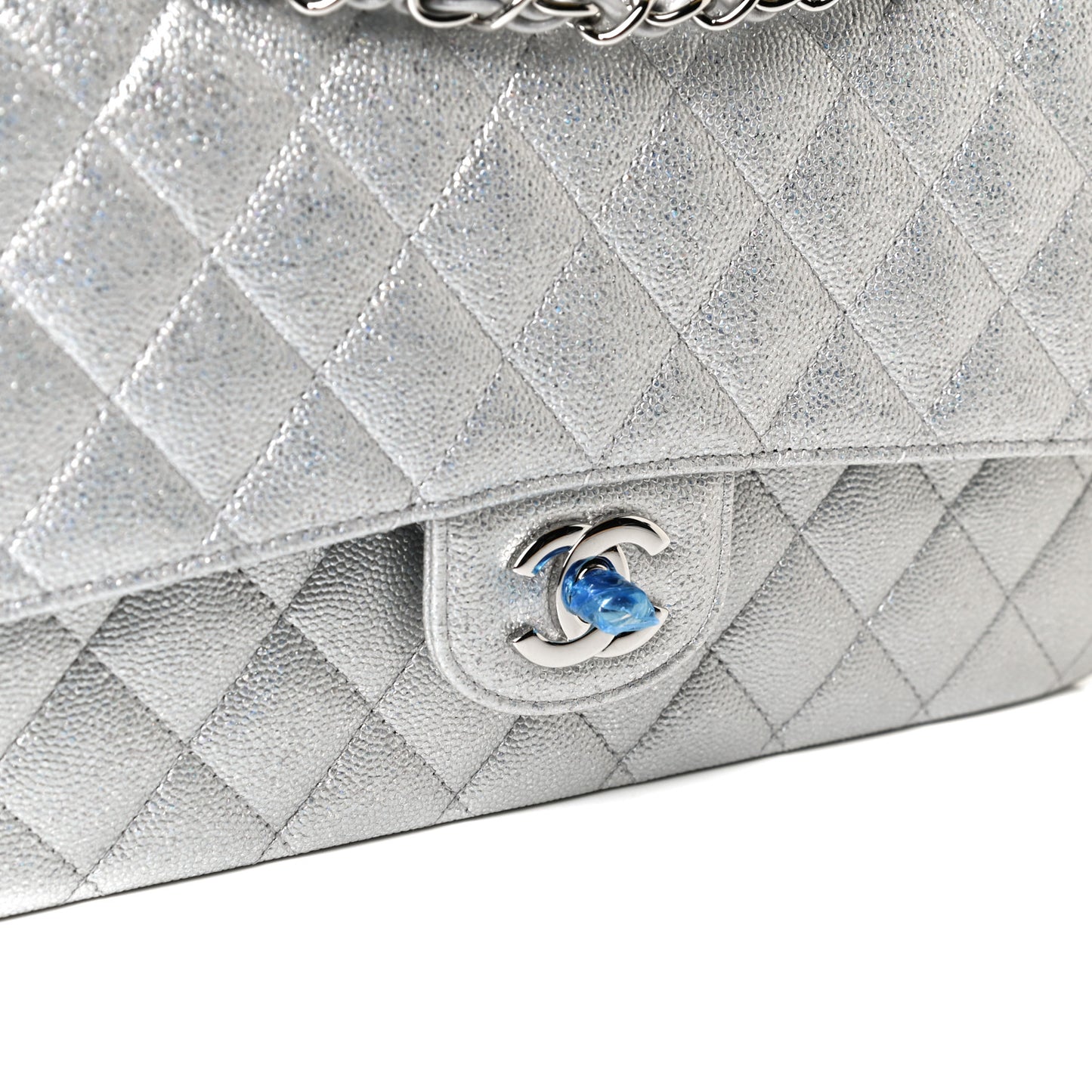 Glittered Metallic Caviar Quilted Medium Double Flap Silver