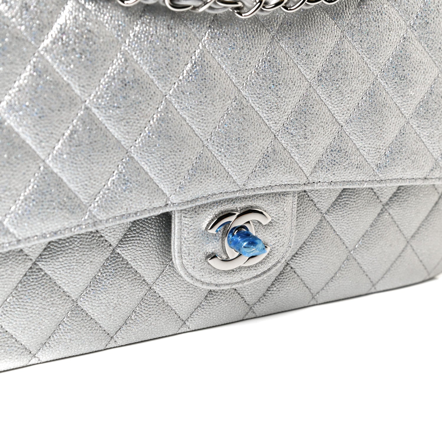 Chanel Glittered Metallic Caviar Quilted Medium Double Flap Silver 12 of 13
