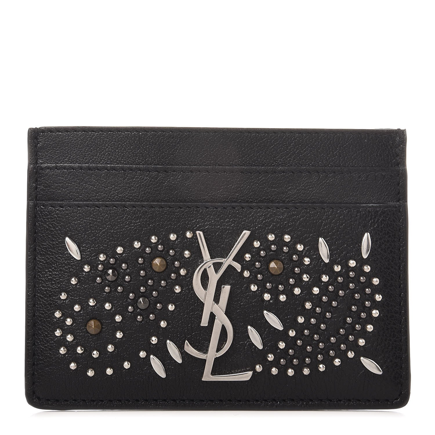 Saint Laurent Calfskin Paisley Studded Monogram Credit Card Case Black 1 of 9