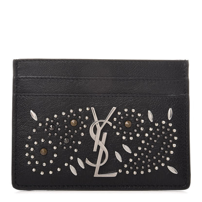 Saint Laurent Calfskin Paisley Studded Monogram Credit Card Case Black 1 of 9