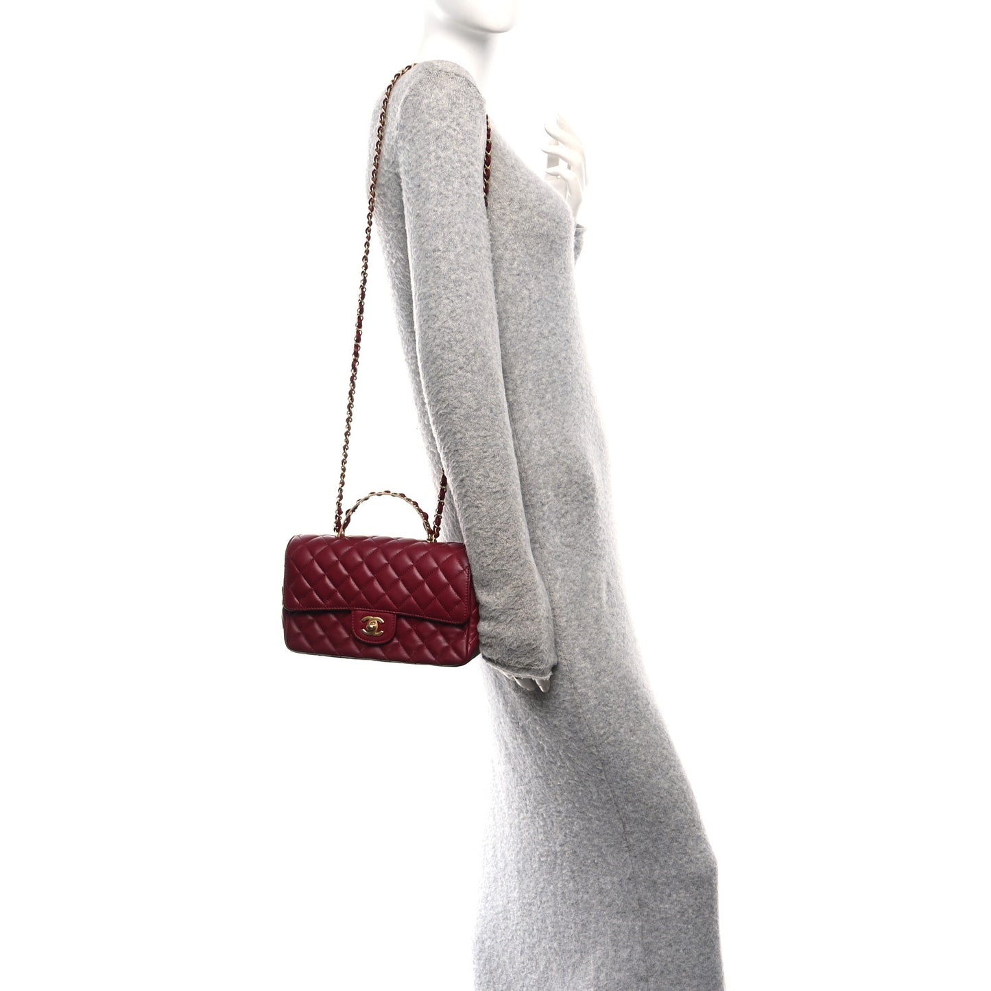 Lambskin Quilted Small Metal Top Handle Rectangular Flap Burgundy