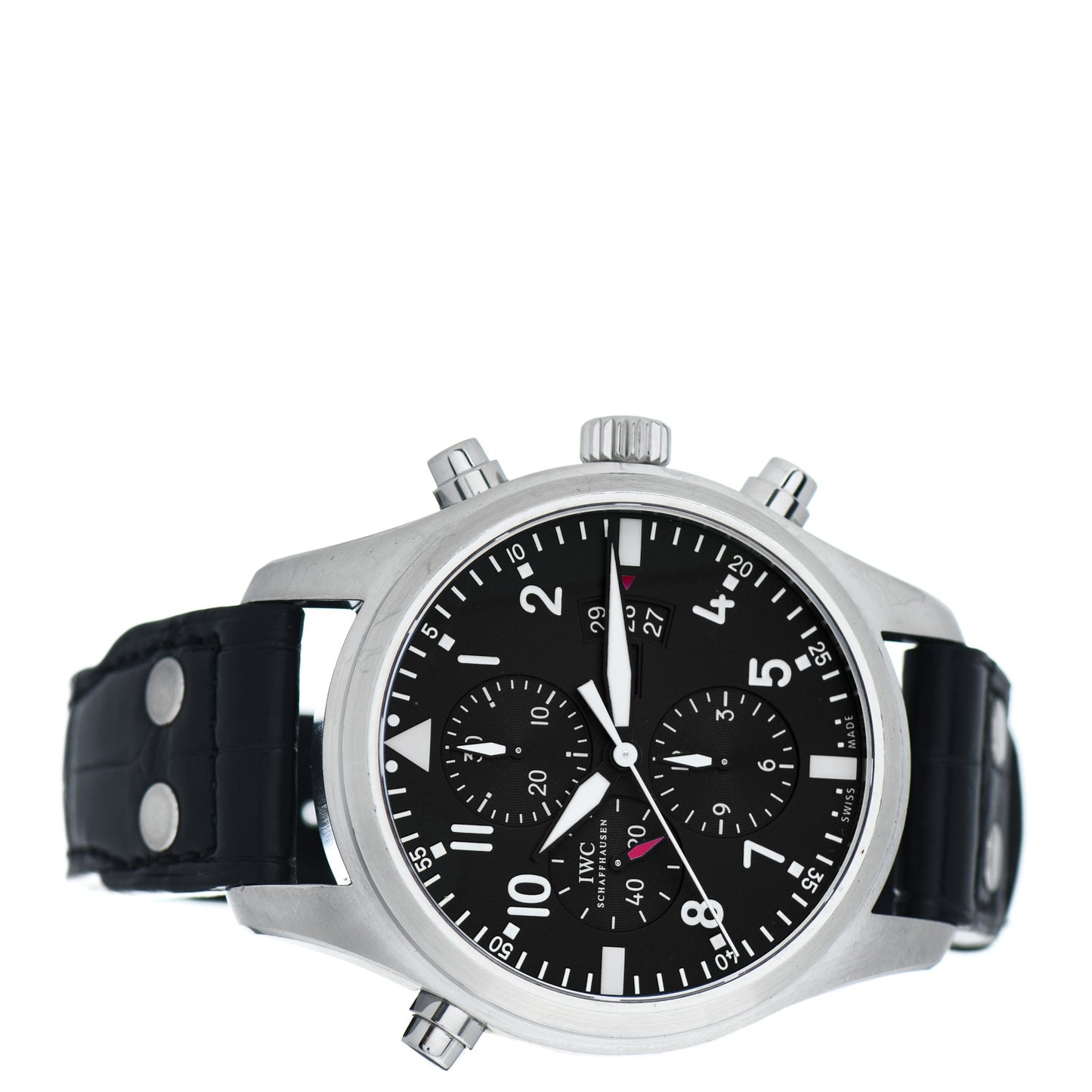 Stainless Steel Alligator 46mm Double Chronograph Pilot Automatic Watch Black IW377801