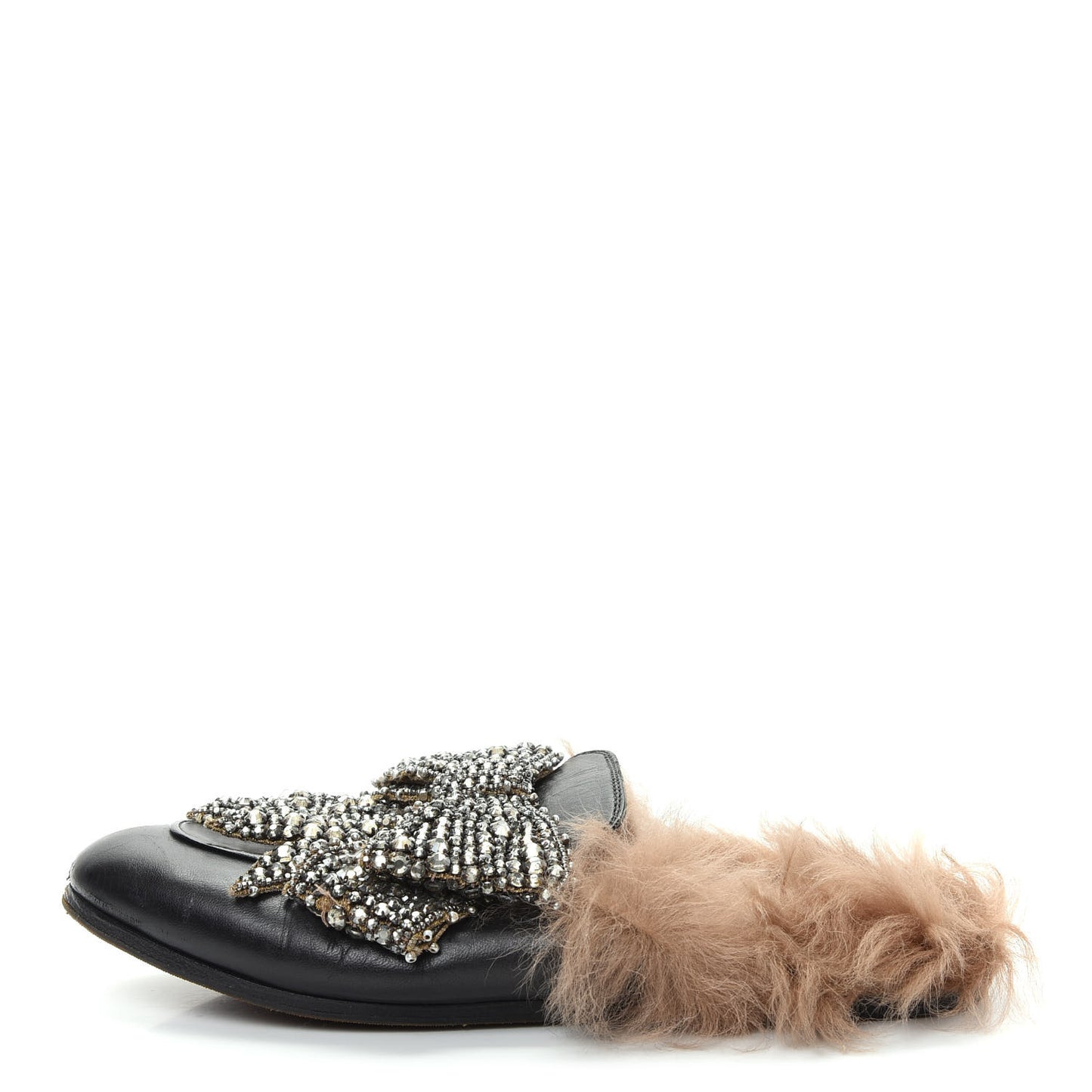 Malaga Kid Fur Crystal Bow Embroidered Womens Princetown Slippers 36 Black