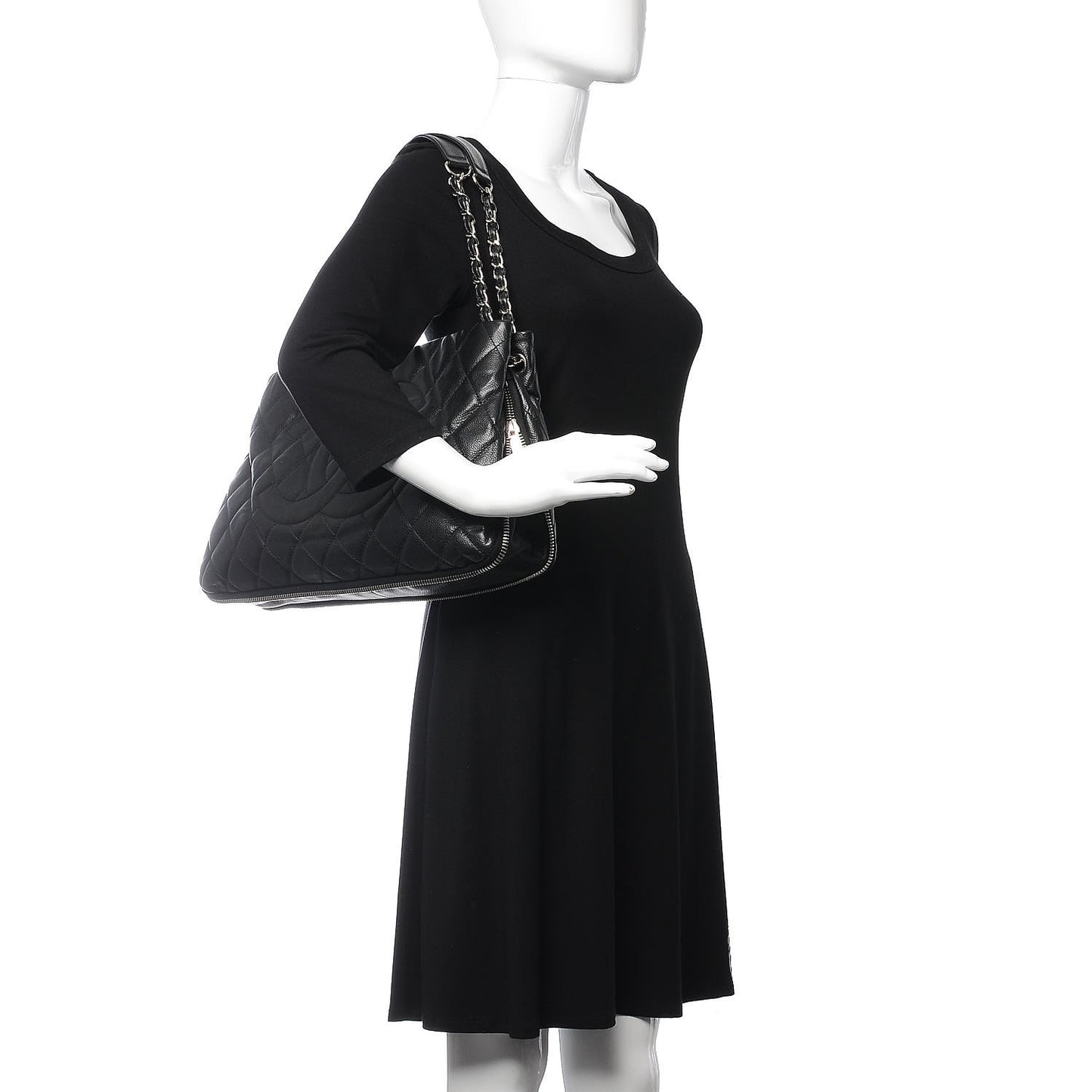 Caviar Quilted Expandable Zip Shoulder Bag Black