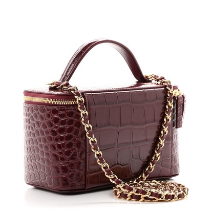Chanel Calfskin Crocodile Embossed Crococo Small Top Handle Vanity Case With Chain Dark Burgundy 3 of 11