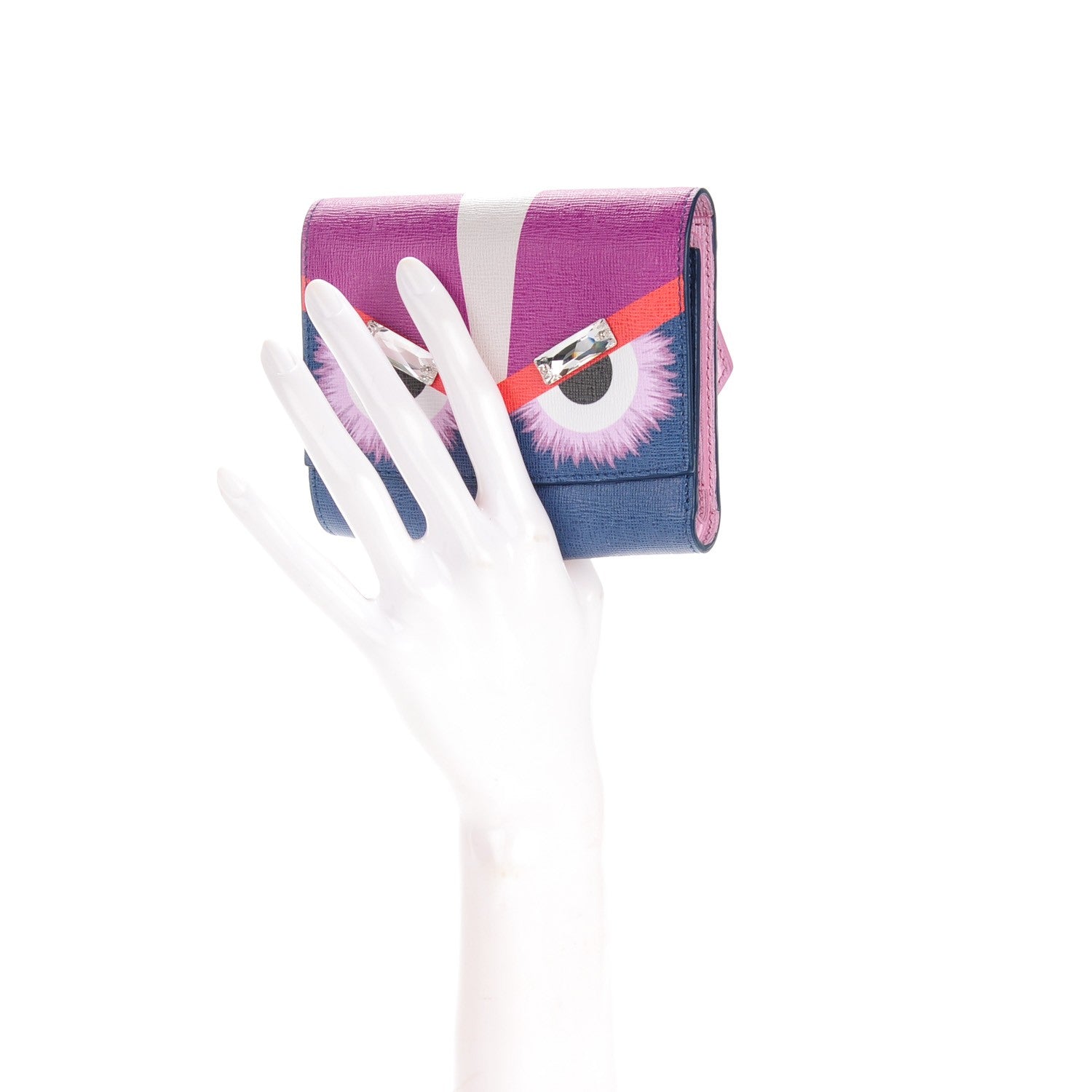 Fendi Vitello Elite Crystal Eye Monster French Wallet Cobalt Lavender Pink 2 of 8