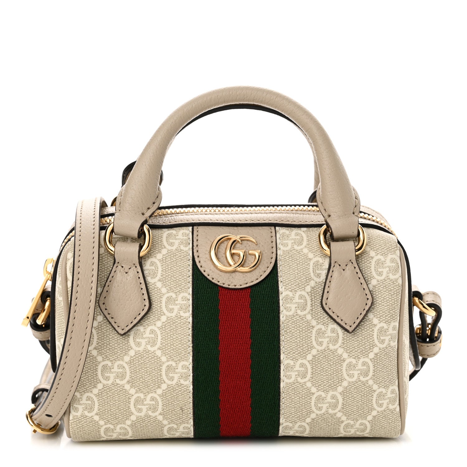 Gucci GG Supreme Monogram Textured Dollar Calfskin Web Super Mini Ophidia Top Handle Bowler Bag Beige Mystic White Oatmeal 1 of 13