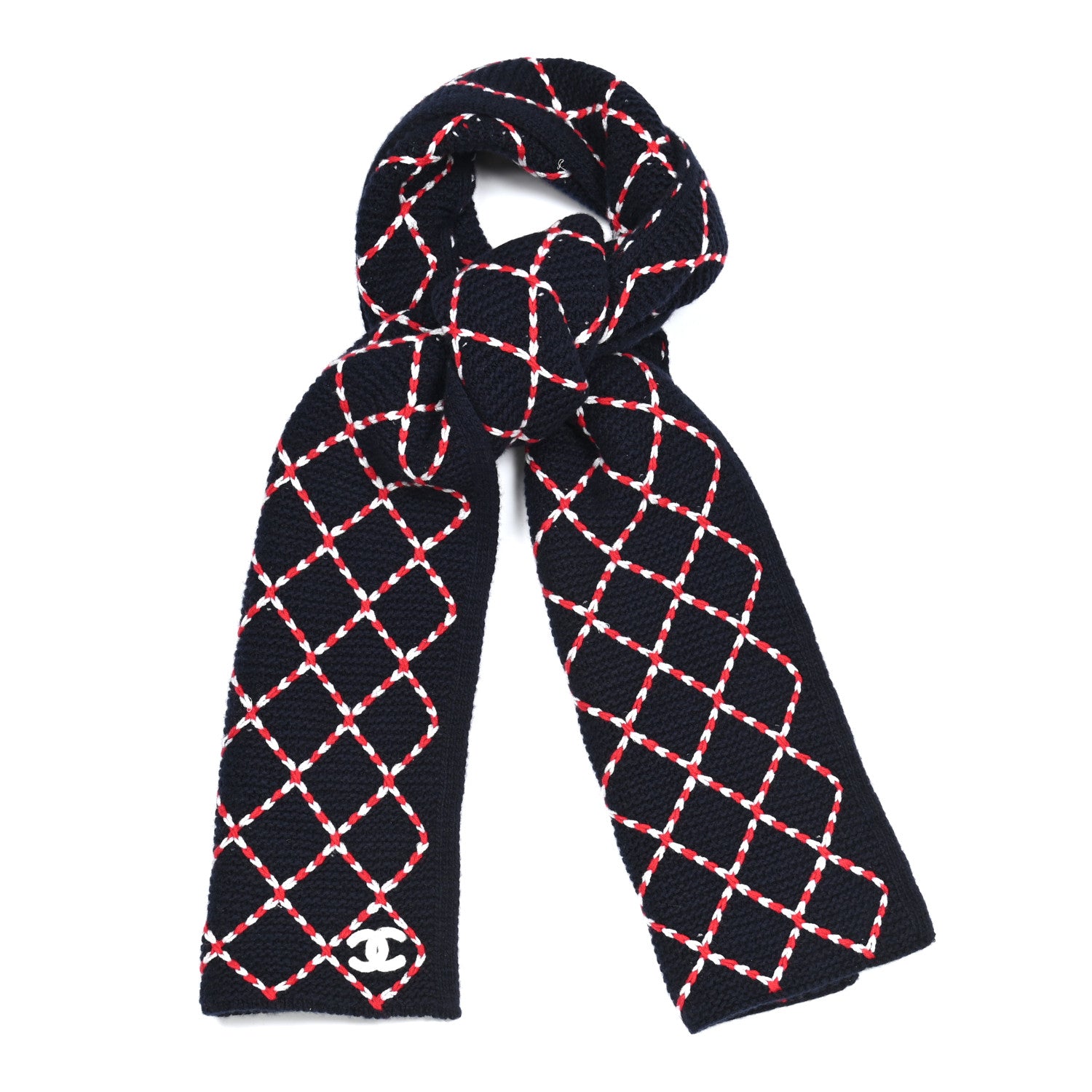 Chanel Cashmere Blend CC Scarf Navy Red White 1 of 4