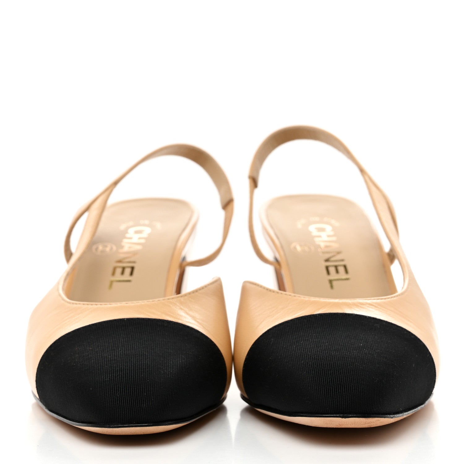 Chanel Goatskin Grosgrain Cap Toe CC Slingback Pumps 36.5 Beige Black 3 of 10
