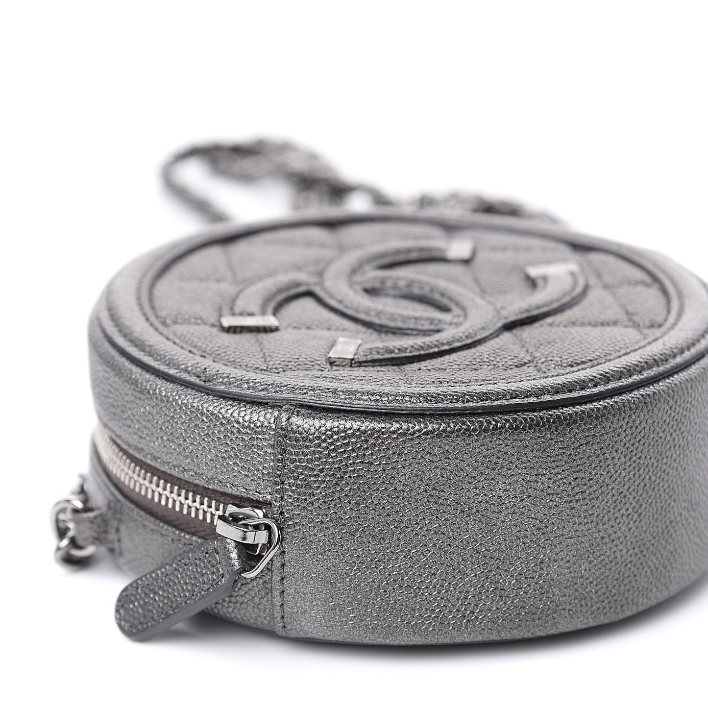 Metallic Caviar Quilted Round Filigree Crossbody Dark Silver