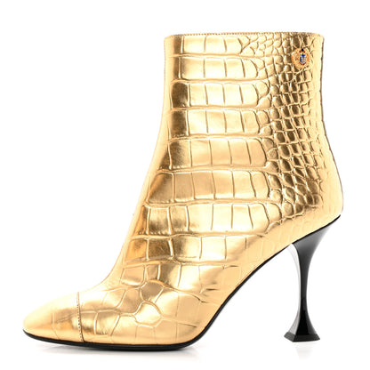 Chanel Calfskin Crocodile Embossed Cap Toe Ankle Boots 40 Gold 1 of 12