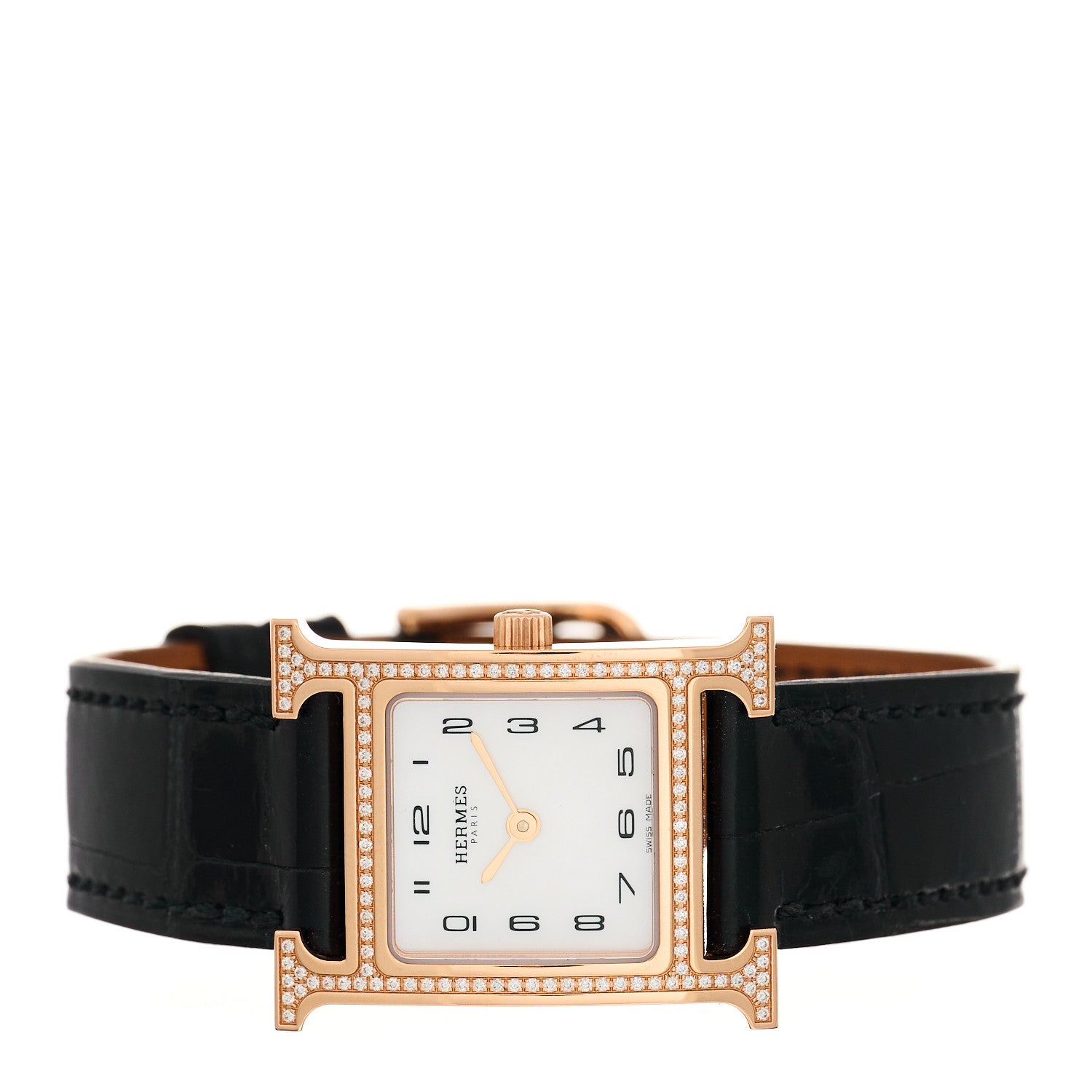 Hermes 18K Rose Gold Alligator Diamond Bezel Mother of Pearl 21mm Heure H Hour Quartz Watch Noir 2 of 5