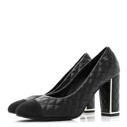 Chanel Lambskin Grosgrain Quilted Cap Toe CC Pumps 37.5 Black 3 of 11