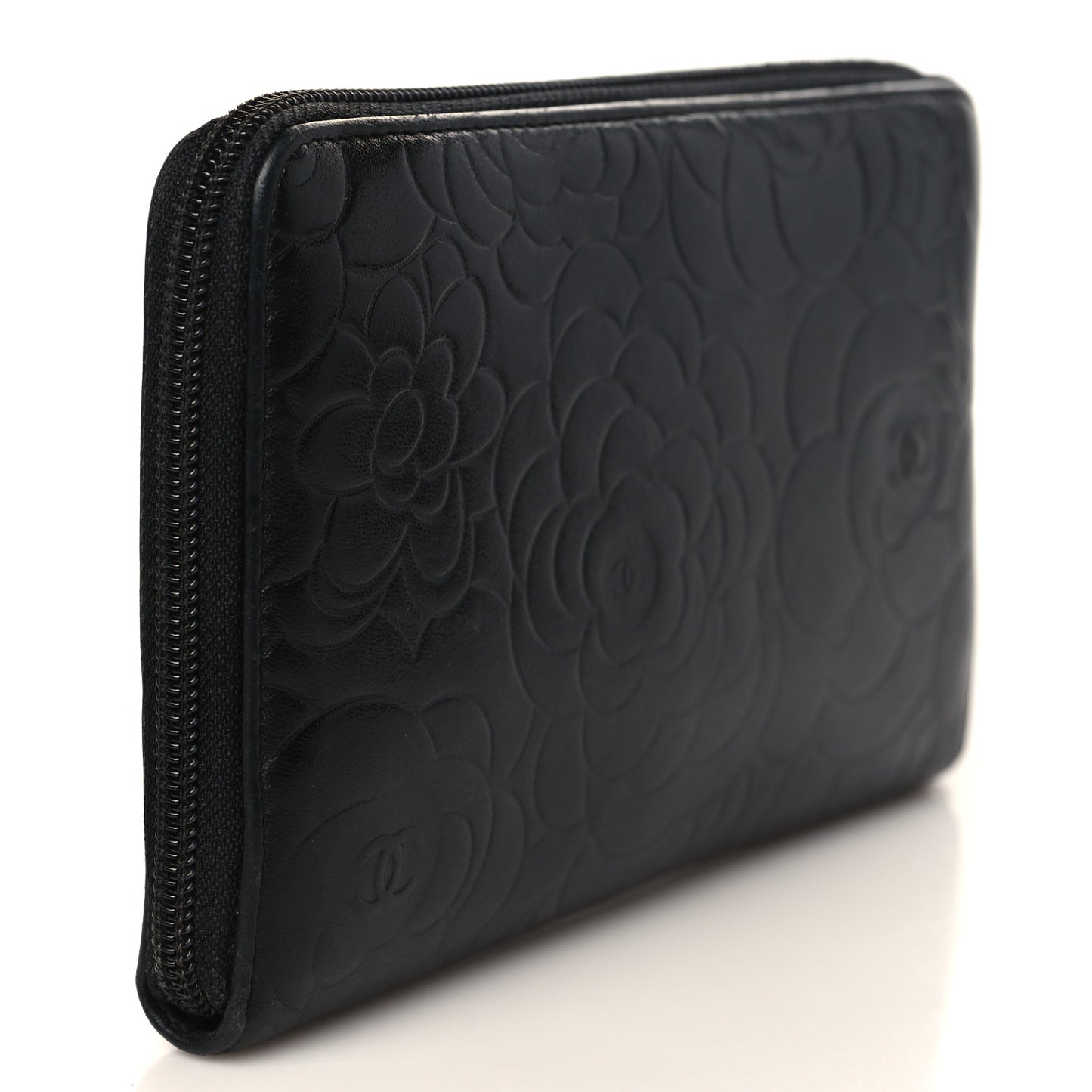 Lambskin Camellia Embossed Zip Around Organizer Wallet Black