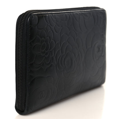 Chanel Lambskin Camellia Embossed Zip Around Organizer Wallet Black 3 of 8