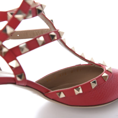 Valentino Garavani Pebbled Calfskin Rockstud Ankle Strap Low Heel Pumps 37 Rosso 8 of 9
