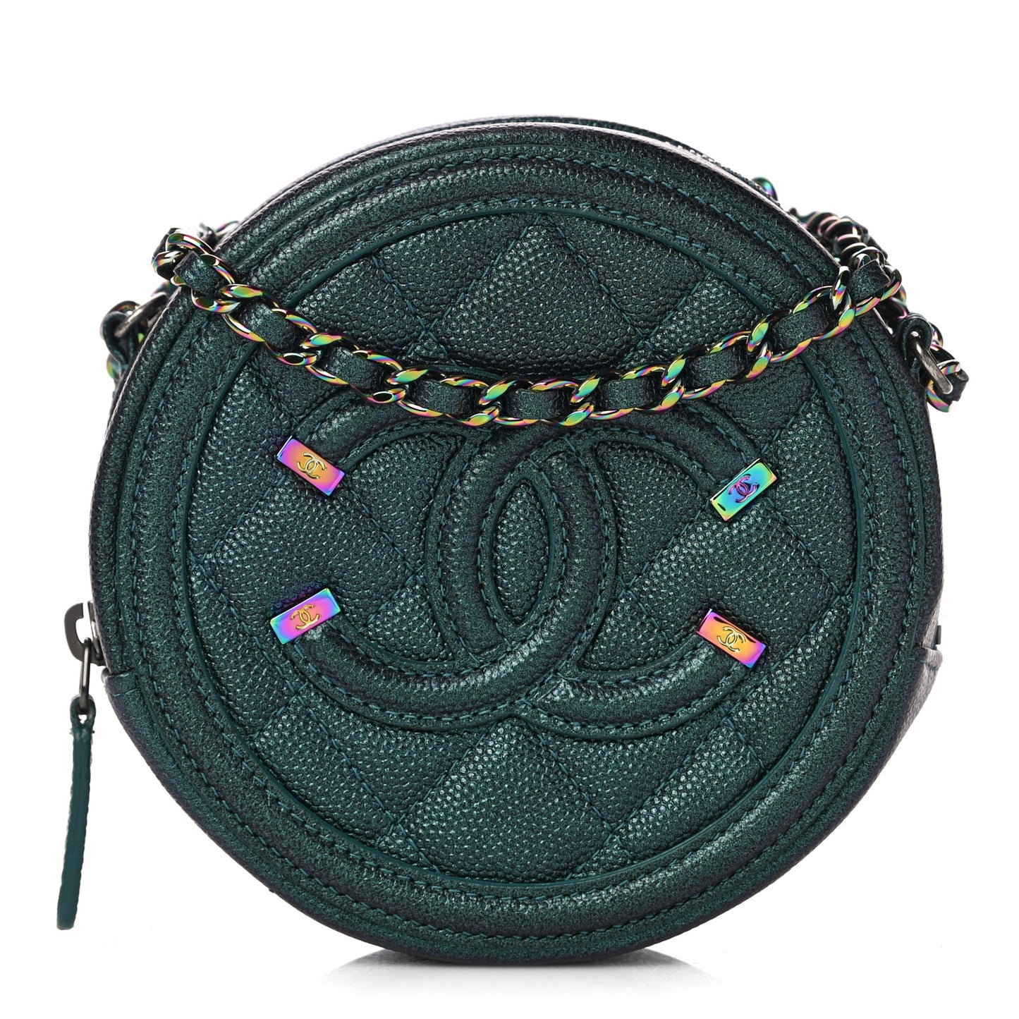 Iridescent Caviar Quilted Round Filigree Crossbody Dark Turquoise