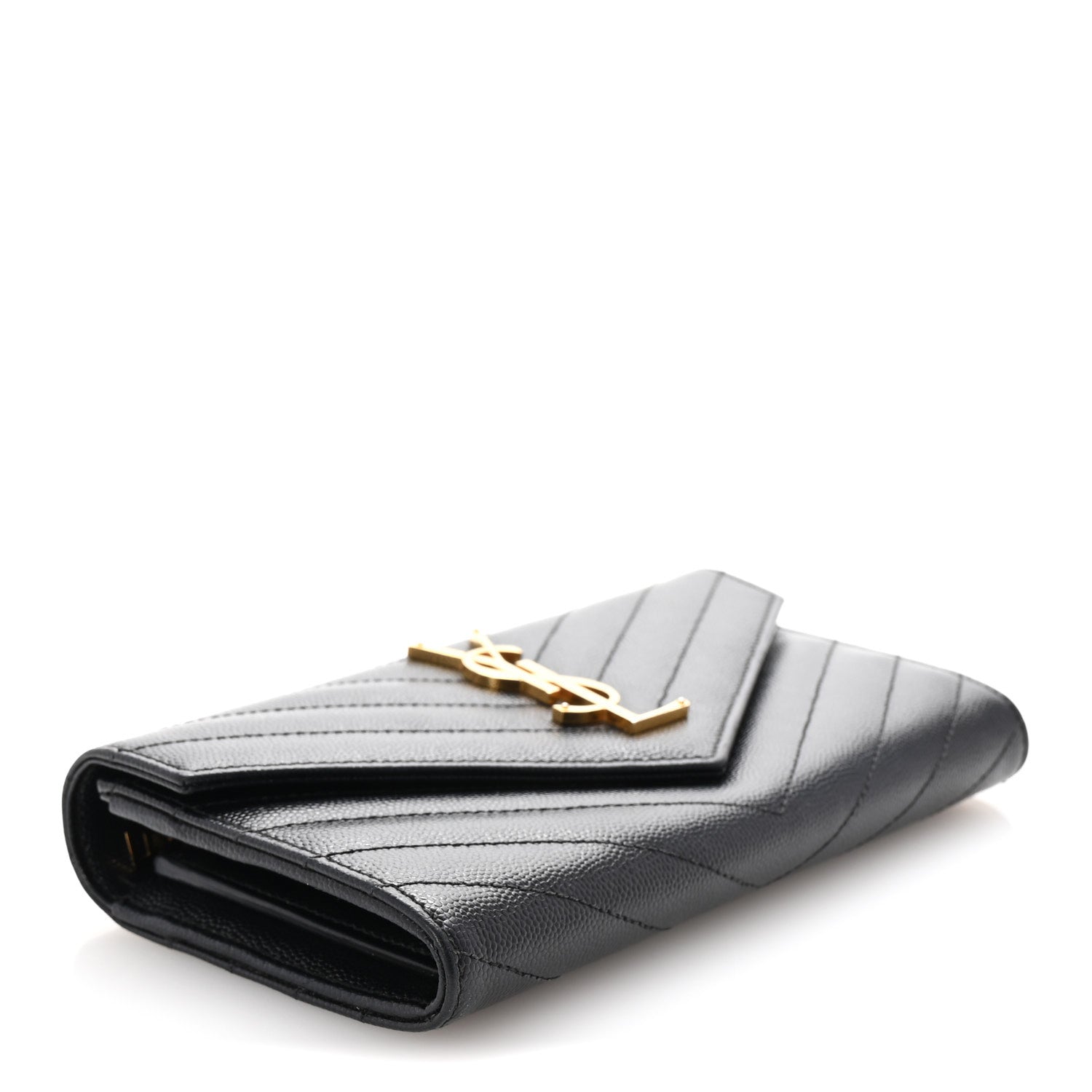 Saint Laurent Grain De Poudre Matelasse Chevron Monogram Flap Wallet Black 4 of 7