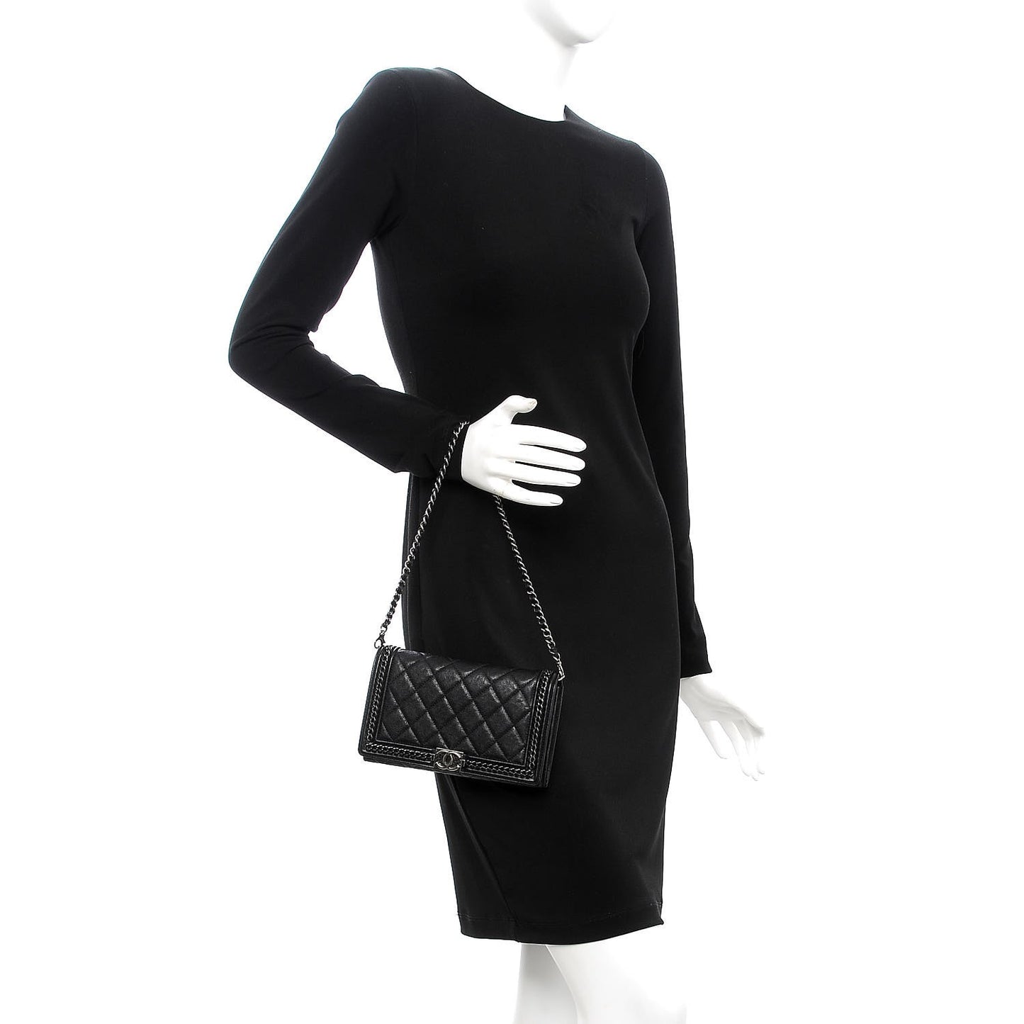 Calfskin Quilted Chain Around Boy Wallet On Removable Chain WOC Black