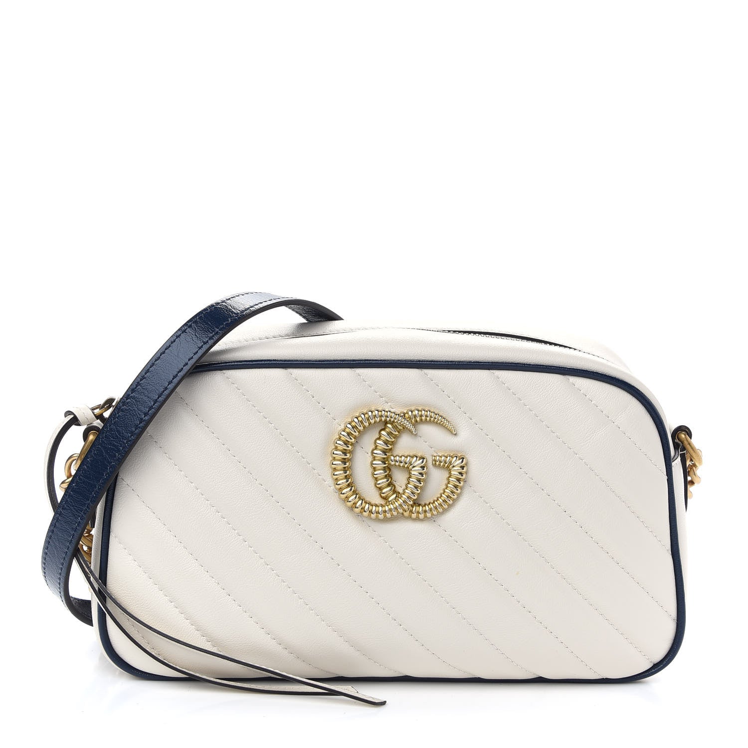 Gucci Vintage Effect Calfskin Matelasse Diagonal Small Torchon GG Marmont Chain Shoulder Bag Mystic White Blue Agata 1 of 9