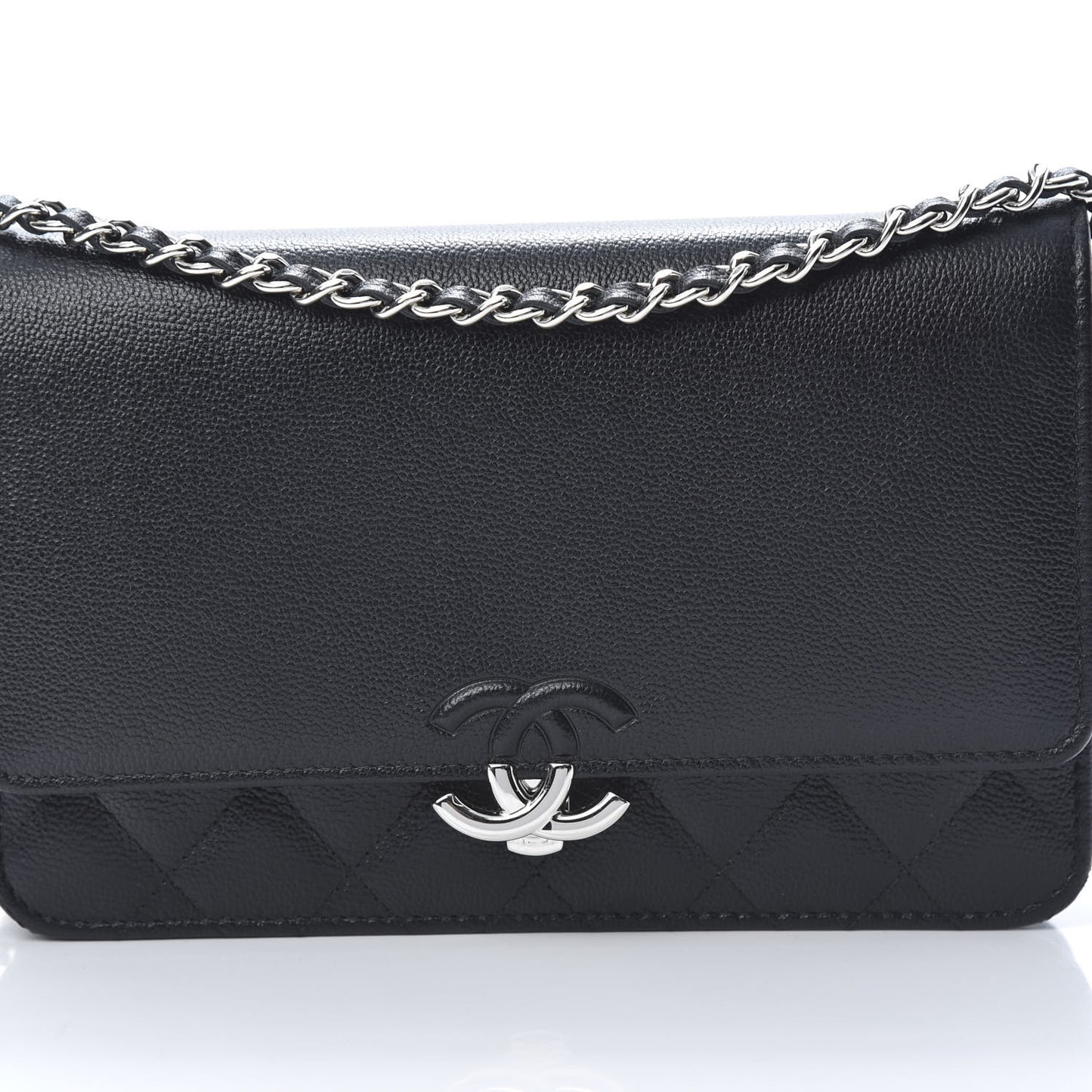 Grained Calfskin Quilted CC Box Wallet On Chain WOC Black