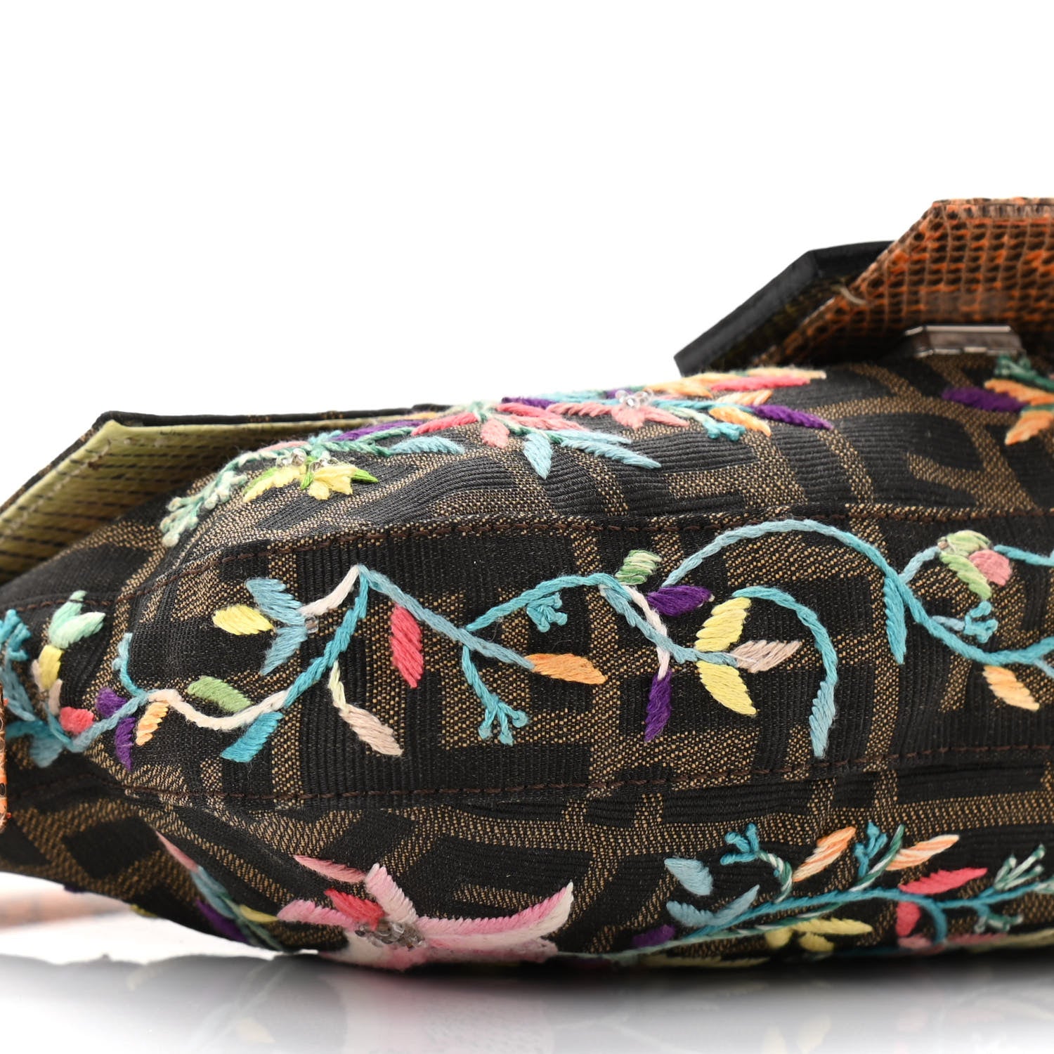 Fendi Lizard Zucca Floral Embroidered Baguette Tobacco Multicolor 8 of 10