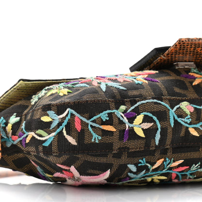 Fendi Lizard Zucca Floral Embroidered Baguette Tobacco Multicolor 8 of 10