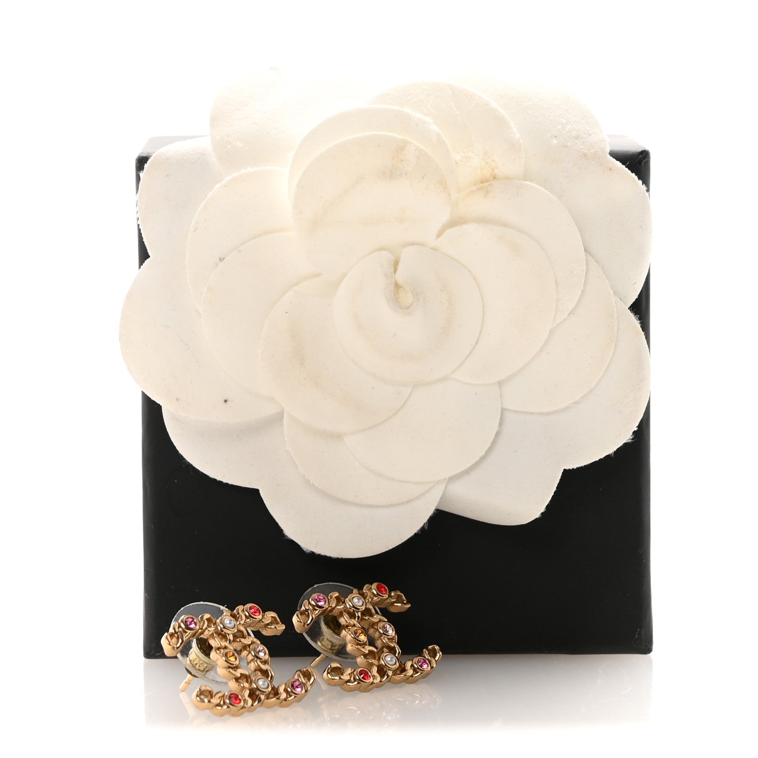 Chanel Pearl Crystal Chain Link CC Earrings Gold Red Pink Yellow 5 of 5