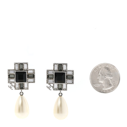 Chanel Crystal Baguette Pearl Cross Drop Earrings Grey Black Silver 2 of 5