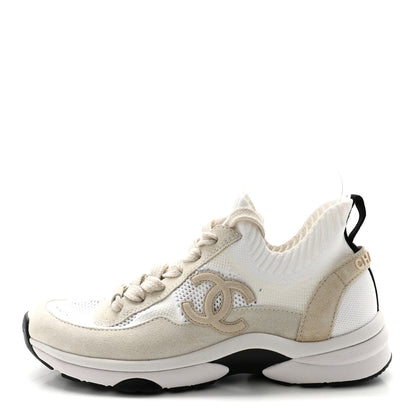 Chanel Mesh Suede Fabric Womens CC Sneakers 38 White Ivory Light Beige 1 of 9