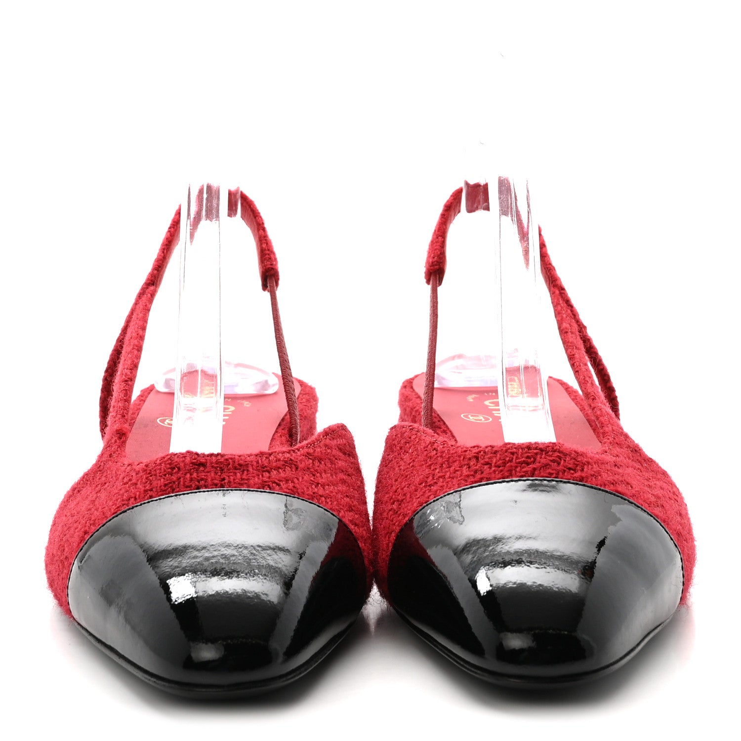Chanel Tweed Patent Cap Toe CC Slingback Flats 39 Red Black 3 of 10