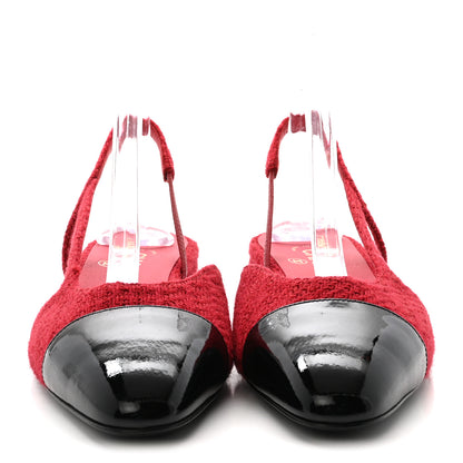 Chanel Tweed Patent Cap Toe CC Slingback Flats 39 Red Black 3 of 10