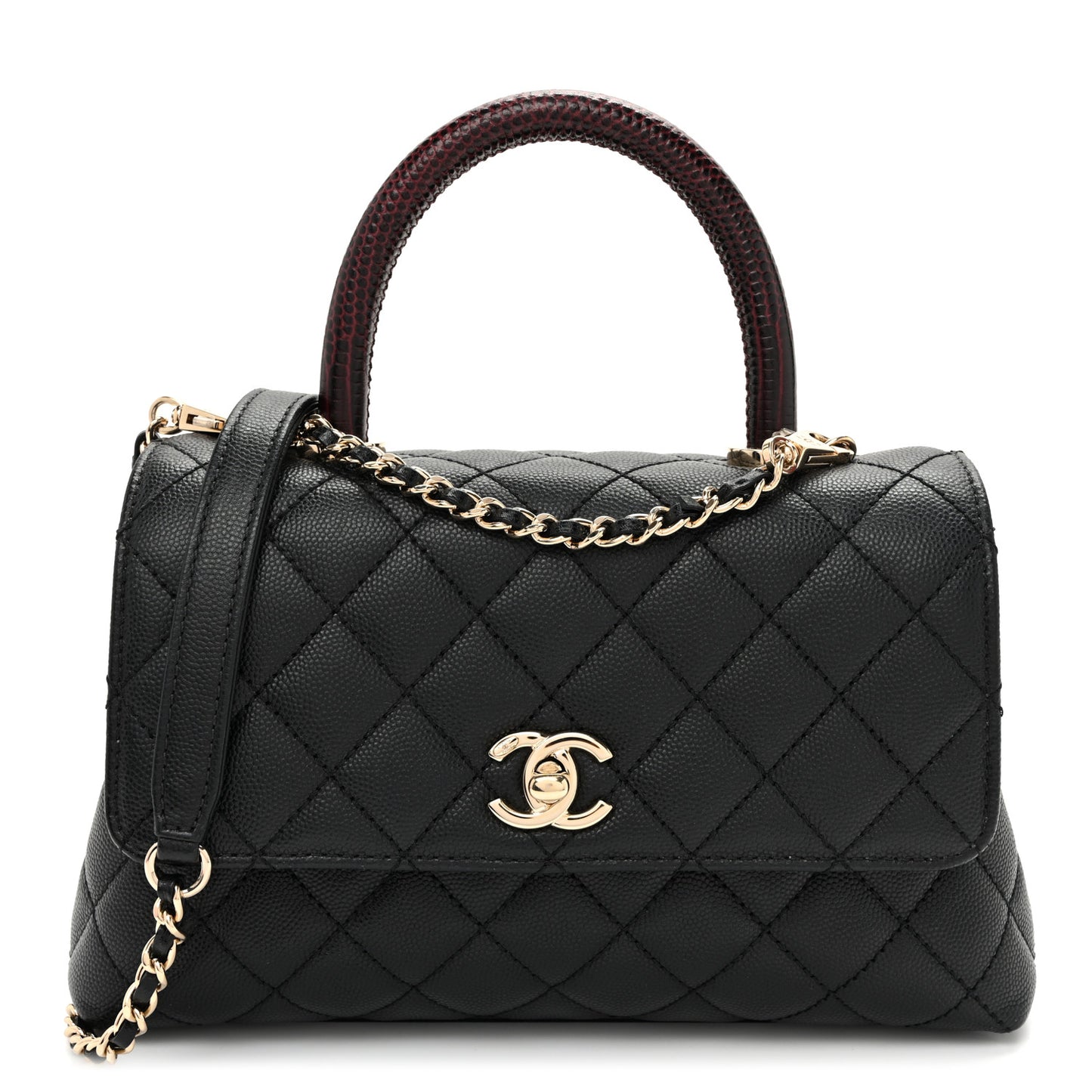 Caviar Lizard Embossed Quilted Mini Coco Handle Flap Black
