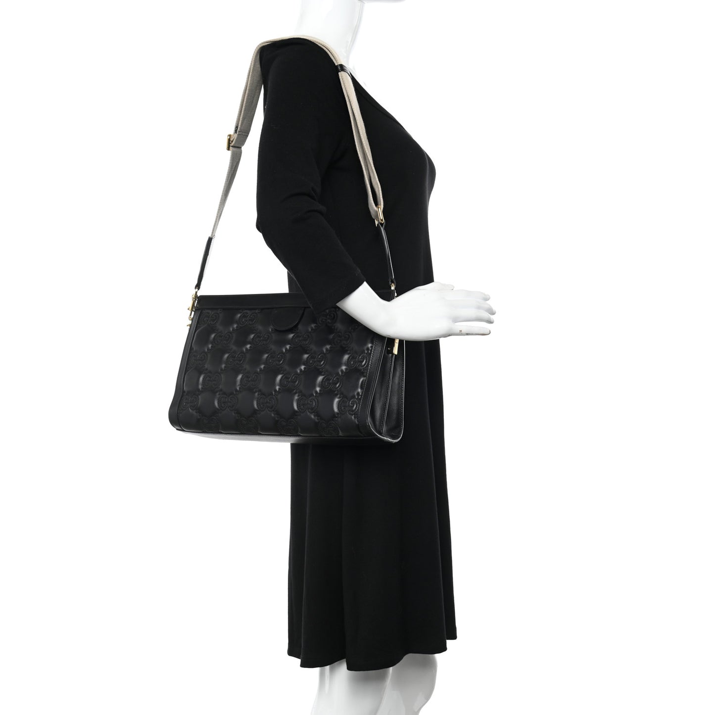 Calfskin GG Matelasse Medium Slim Chain Shoulder Bag Black Natural