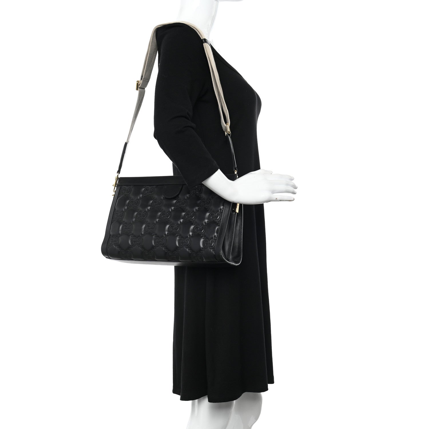 Gucci Calfskin GG Matelasse Medium Slim Chain Shoulder Bag Black Natural 2 of 14
