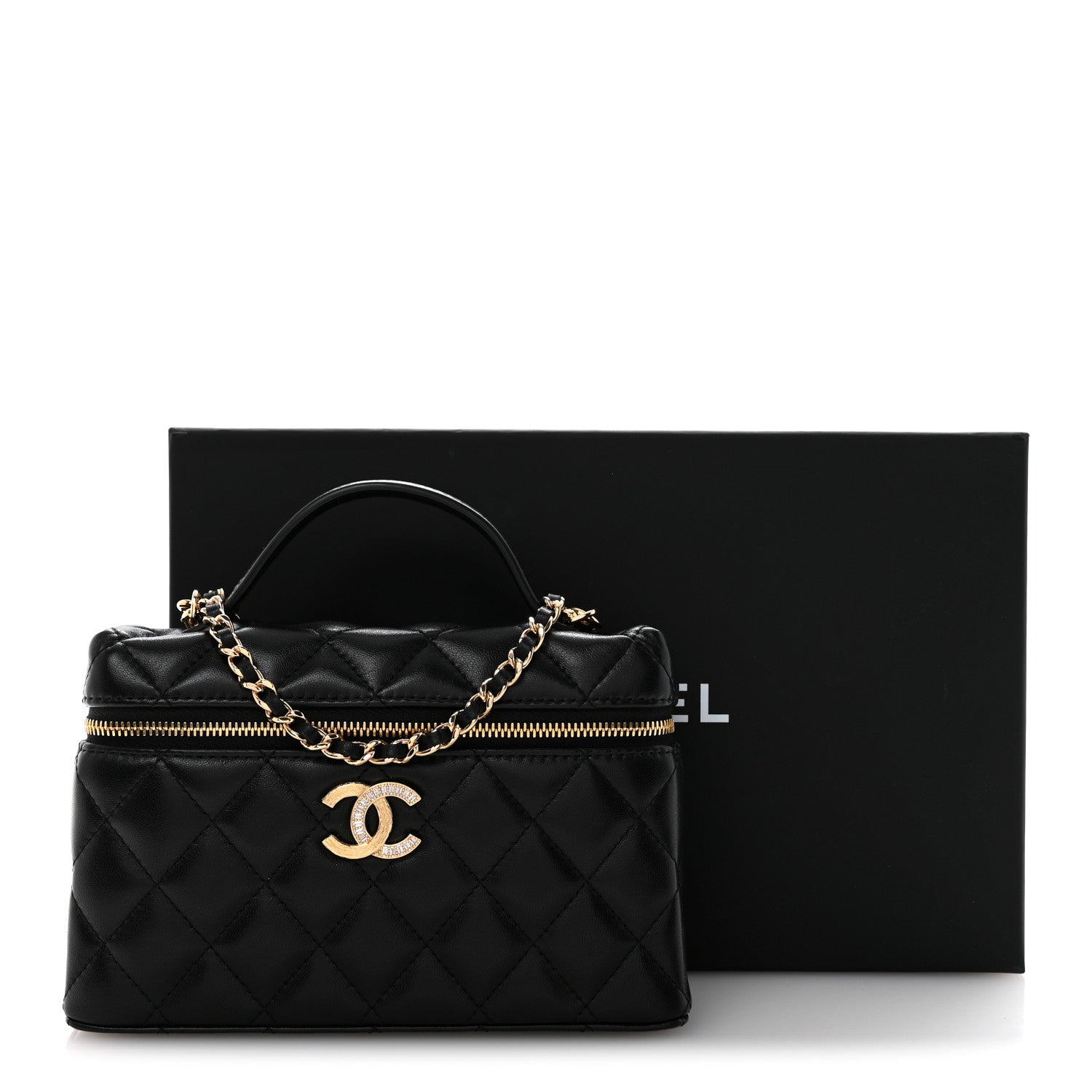 Chanel Lambskin Quilted Crystal Ridged CC Top Handle Slim Vanity Case With Chain Black 11 of 11
