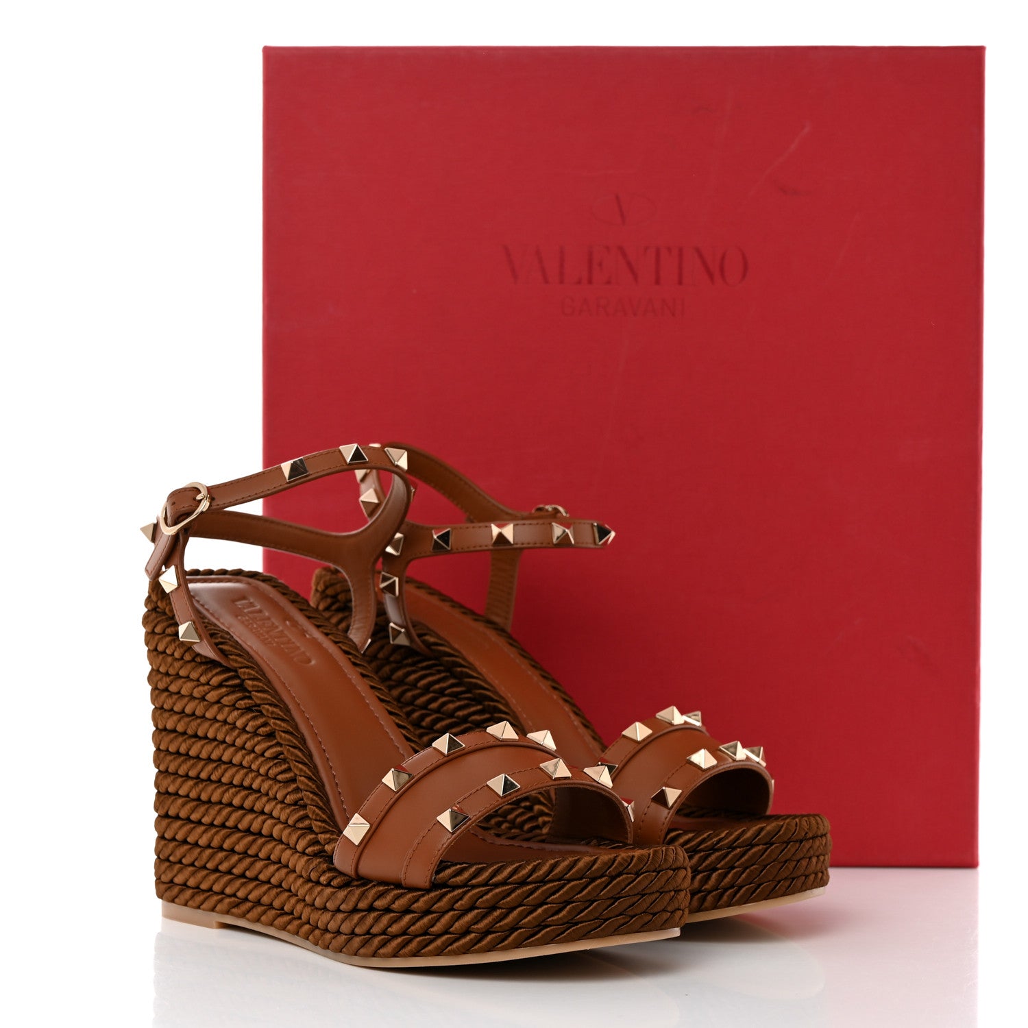 Valentino Garavani Calfskin Rockstud Torchon Espadrille 25/115mm Wedge Sandals 37 Cuoio 9 of 9