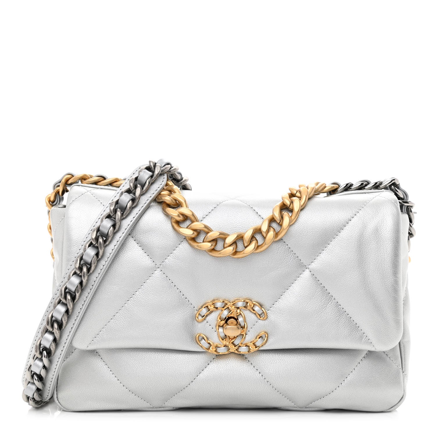 Chanel Metallic Goatskin Quilted Medium Chanel 19 Flap Silver 1 of 11