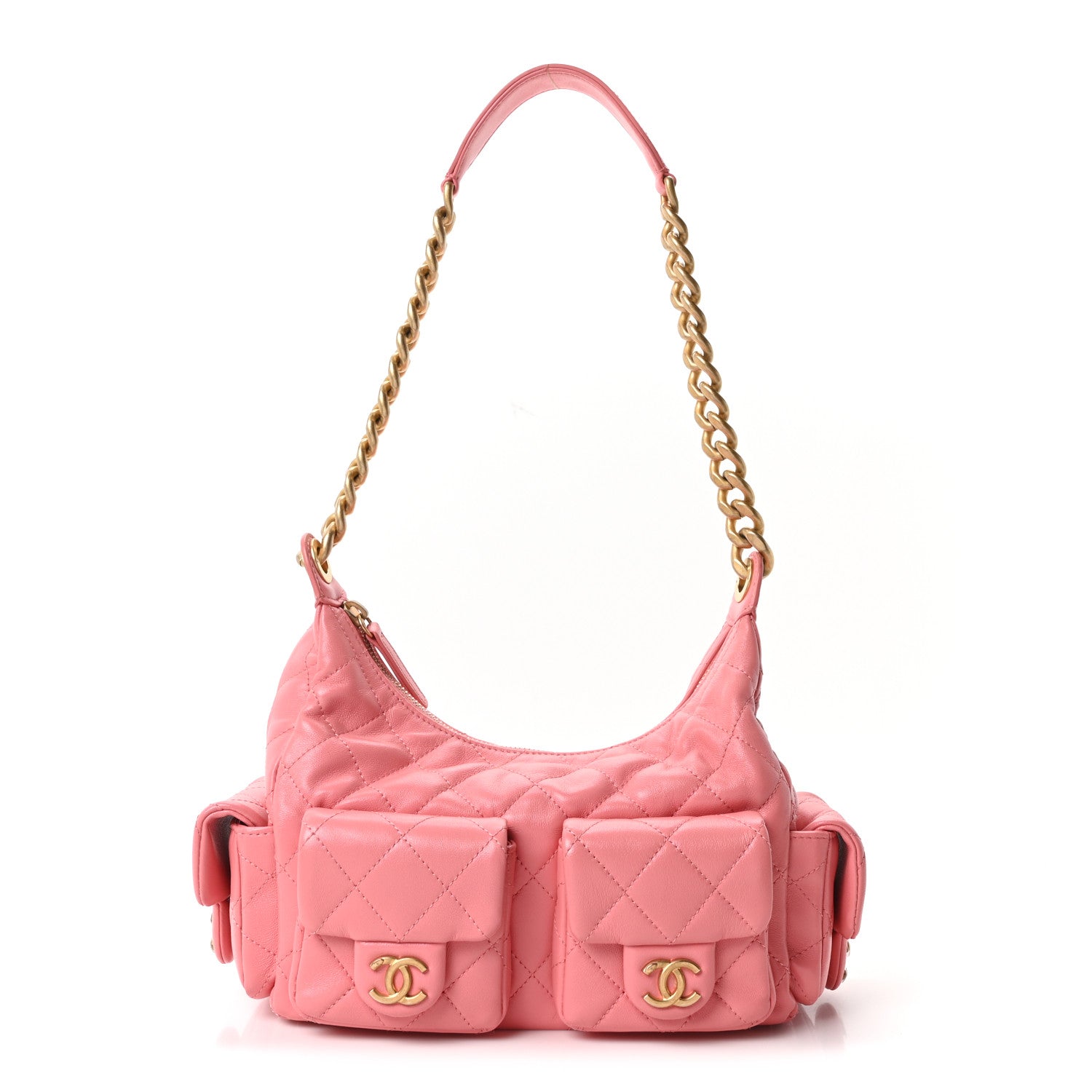 Chanel Shiny Lambskin Quilted Trendy Pockets Hobo Coral Pink 1 of 10